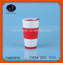 Ceramic travel mug cup with plastic lid and silicone sleeve,wholesale ceramic keep cup coffee mug with silicone cover and lid